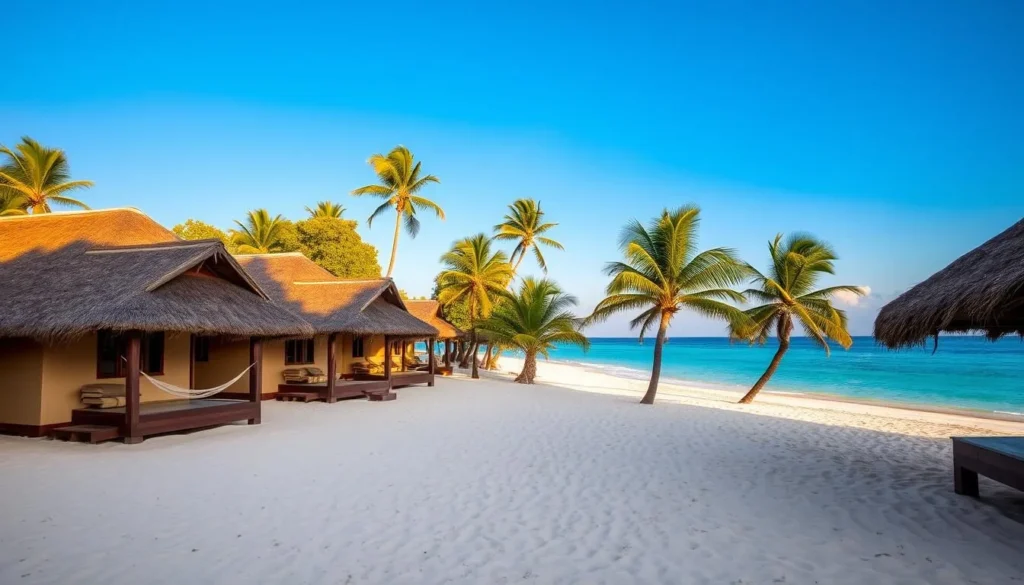Beachfront bungalows at a lodge near Nosy Ve-Androka National Park with traditional architecture