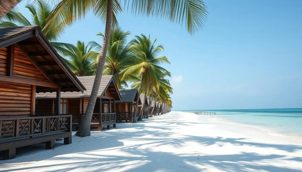 Beachfront bungalows at a resort in Karimunjawa with palm trees and the ocean visible