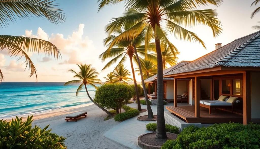 Beachfront bungalows in Guadeloupe with palm trees and ocean view