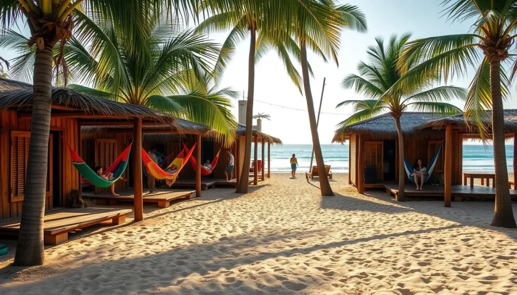 Beachfront cabañas at Lagunas de Chacahua with hammocks and palm trees