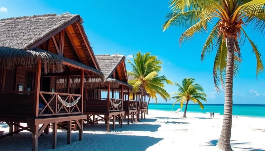 Beachfront cabanas at Secret Beach, Belize with palm trees and turquoise water