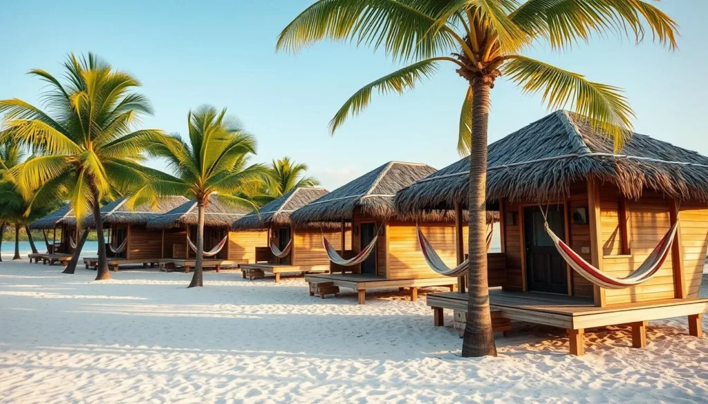 Beachfront cabanas at a Hopkins Village resort with hammocks and palm trees