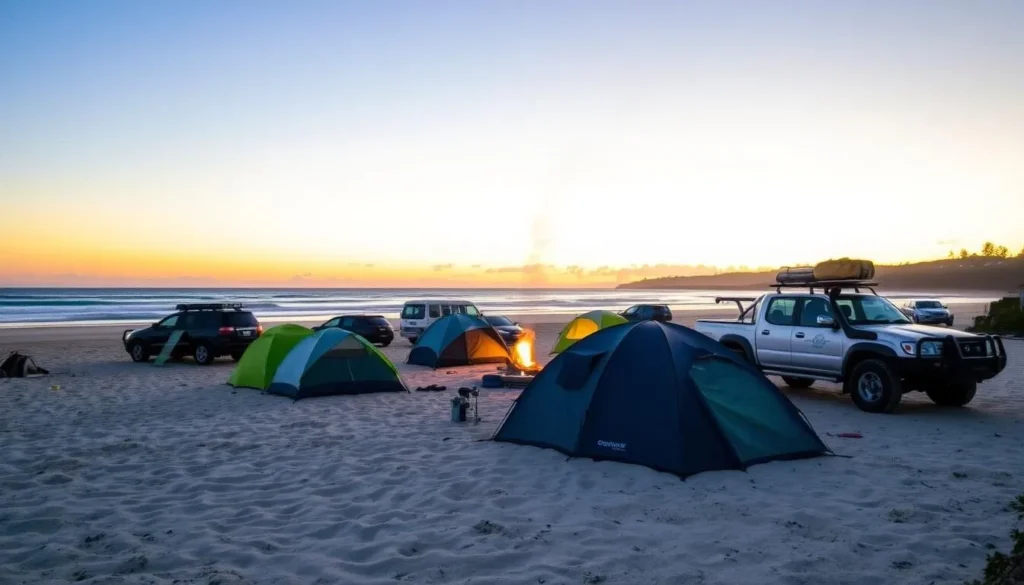 Beachfront camping on Moreton Island Queensland with tents and 4WD vehicles