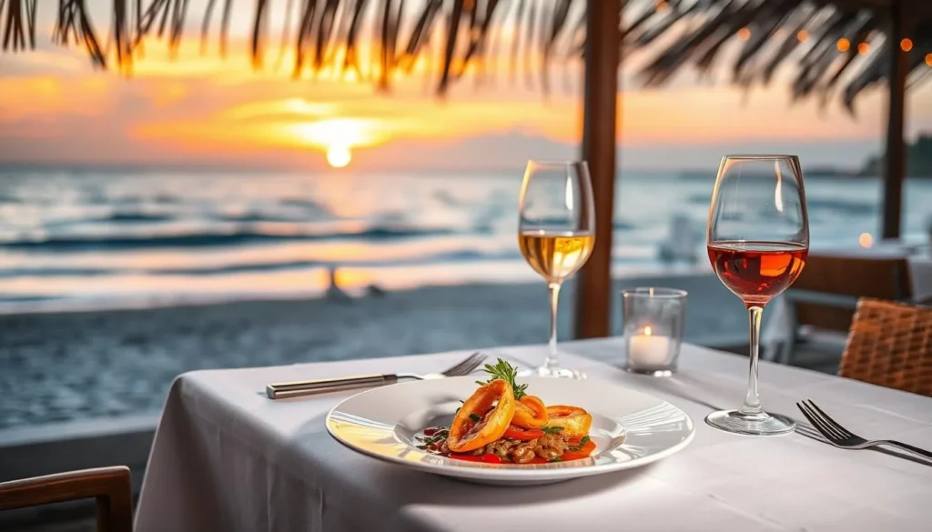Beachfront dining at sunset at a Meads Bay restaurant