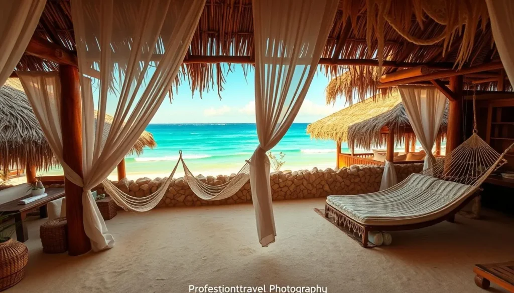 Beachfront eco-chic hotel in Tulum with palapa roofs and hammocks overlooking the turquoise Caribbean Sea