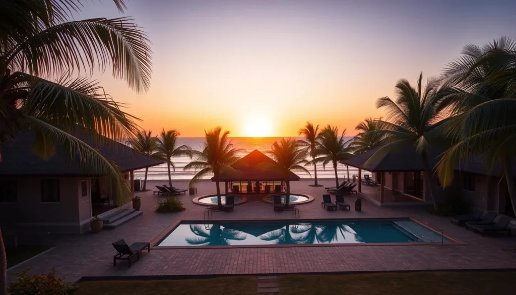 Beachfront hotel in Mahajanga with palm trees and ocean view