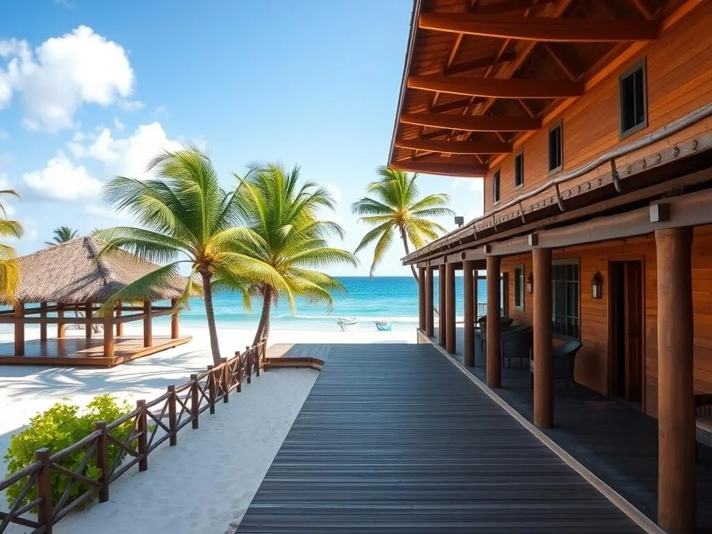 Beachfront hotel in Puerto Lempira with traditional architecture and palm trees