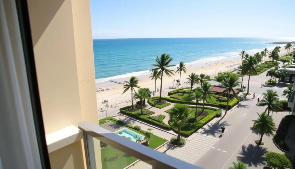 Beachfront hotel view in Santos with the ocean and beach garden visible Beachfront hotel view in Santos with the ocean and beach garden visible