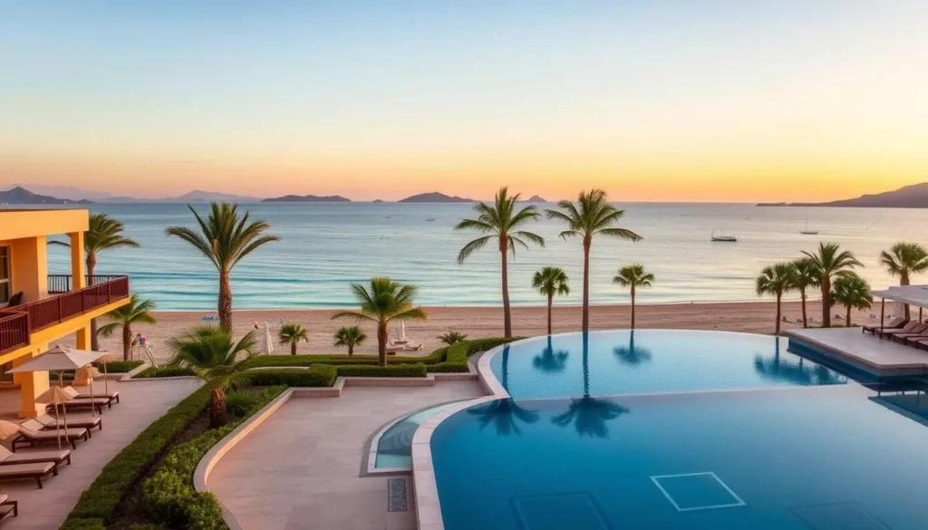 Beachfront hotel with views of Bahia de Loreto National Park islands in the distance