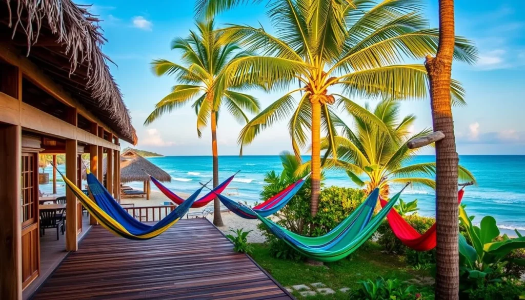Beachfront pousada in Porto de Galinhas with hammocks and palm trees overlooking the ocean