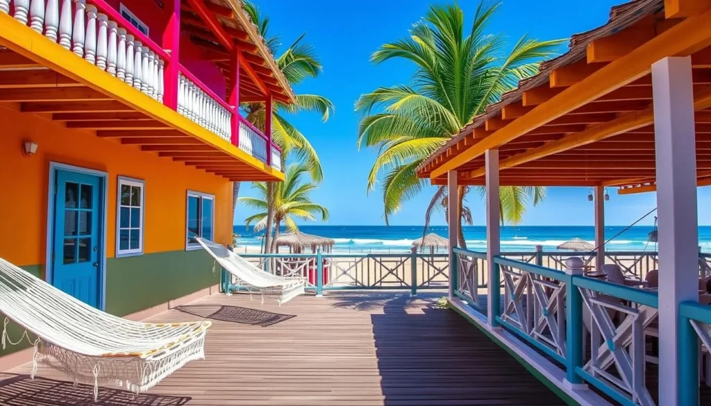 Beachfront pousada with hammocks and palm trees at Terceira Praia