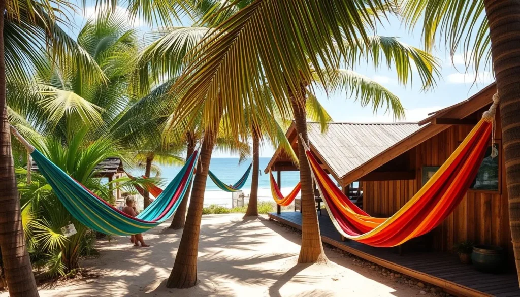 Beachfront pousada with hammocks and palm trees in Maracaipe