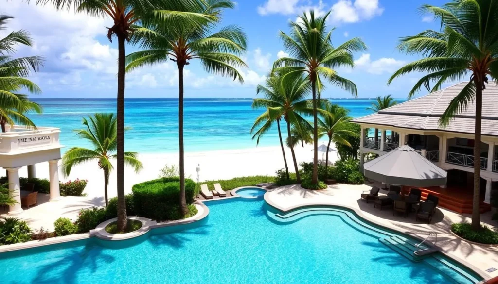 Beachfront resort at West Bay Beach Honduras with swimming pool and palm trees