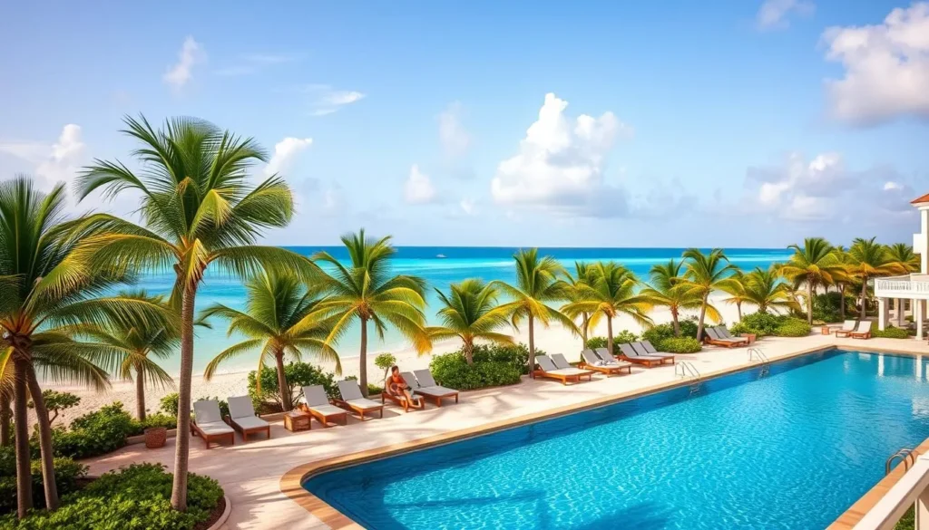 Beachfront resort near Arashi Beach with swimming pool and palm trees