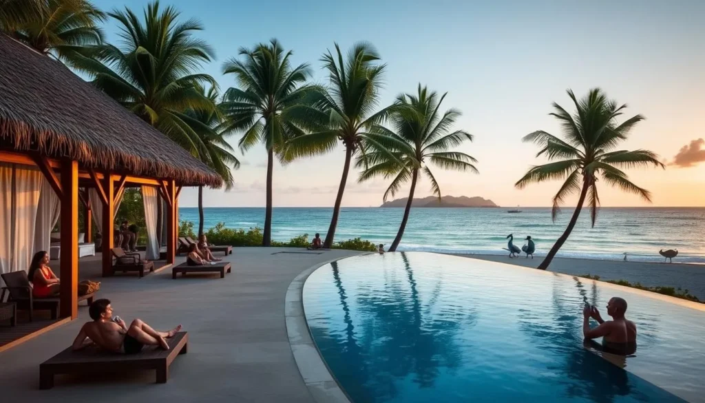 Beachfront resort on Nosy Be with view toward Nosy Tanikely National Park Madagascar Beachfront resort on Nosy Be with view toward Nosy Tanikely National Park Madagascar