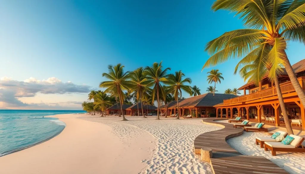 Beachfront resort with overwater bungalows on San Andres Island Colombia