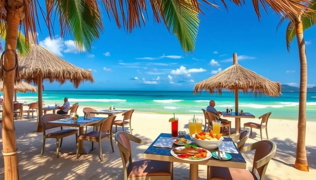 Beachfront restaurant on Isla Ixtapa with tables set up on the sand and ocean views