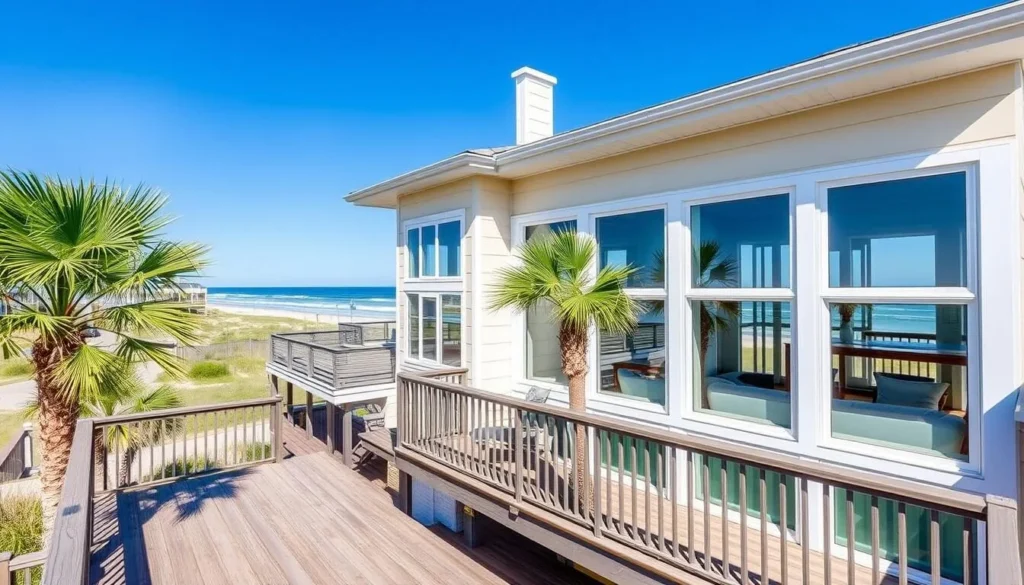 Beachfront vacation rental home on Folly Beach with ocean view and palm trees