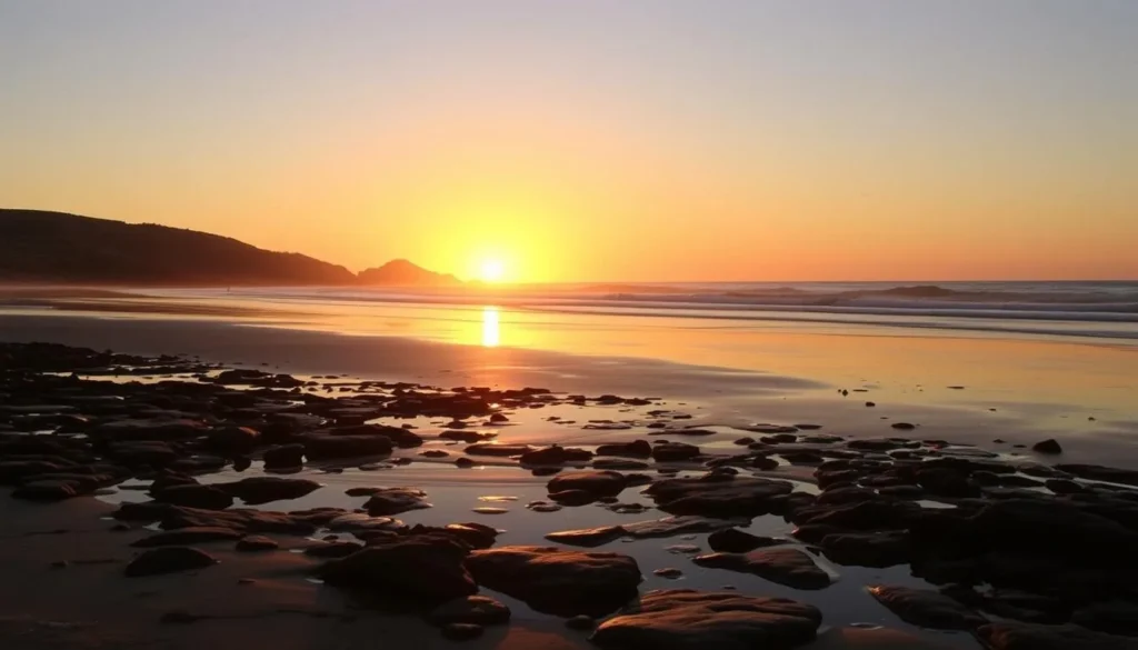 Bean Hollow State Beach during sunset with golden light illuminating the coastline and tide pools
