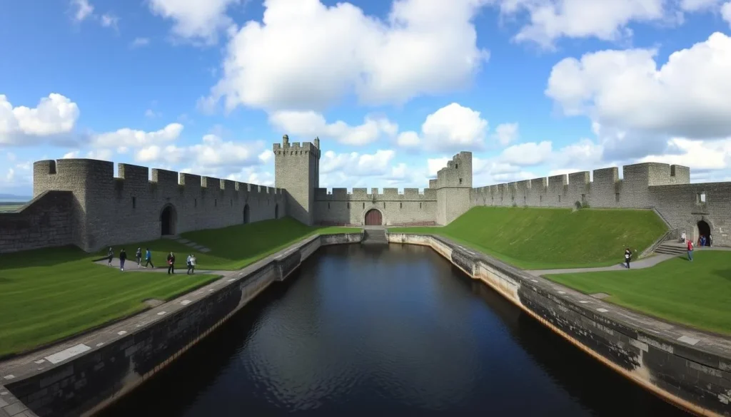 Beaumaris Castle with its symmetrical walls and moat on Anglesey Island