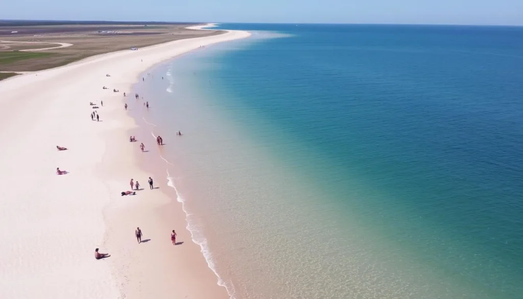 Beautiful beach at Lake Kacha with clear blue water and sunbathers