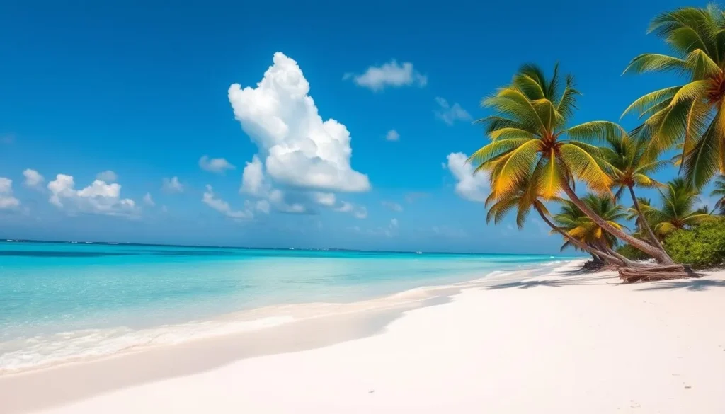 Beautiful beach day on Elbow Cay showing perfect weather conditions with palm trees and turquoise water