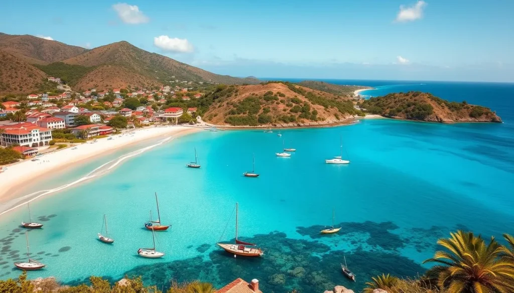 Beautiful beach in Les Saintes, Guadeloupe with boats in the bay