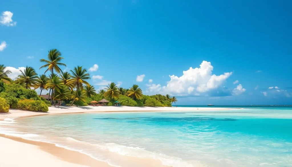 Beautiful beach scene at The Bight during the ideal visiting season, showing perfect weather conditions with clear blue skies and calm turquoise waters