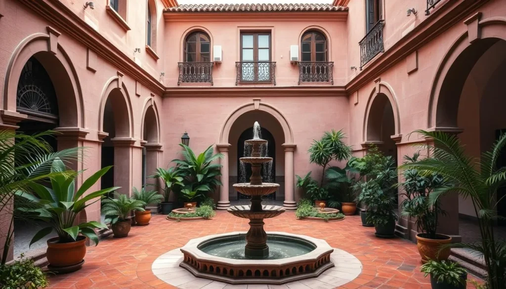 Beautiful colonial courtyard of Hotel de la Soledad in Morelia with fountain and pink stone architecture