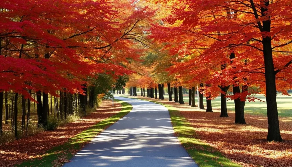 Beautiful fall foliage in Clinton, Mississippi along a walking trail, showcasing one of the best things to do during autumn