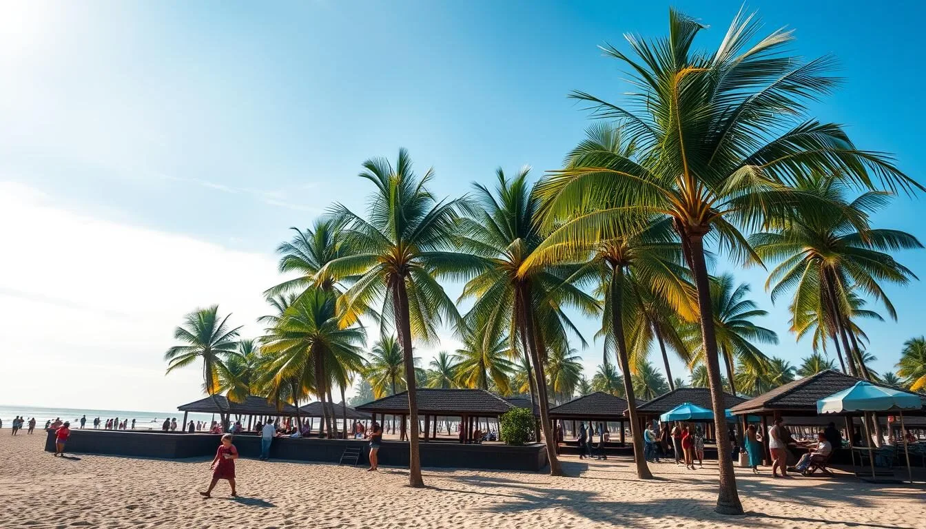 Beautiful sunny day at Kuta Beach in Bali during dry season with blue skies and palm trees