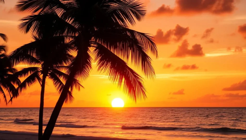 Beautiful sunset at Coca Cola Beach in Puerto Cortes Honduras with palm trees