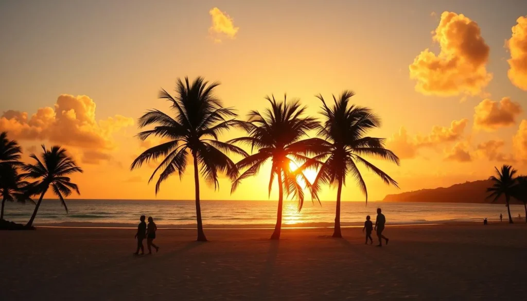 Beautiful sunset at Dover Beach in Saint Lawrence Gap, Barbados with palm trees and tourists enjoying the evening Beautiful sunset at Dover Beach in Saint Lawrence Gap, Barbados with palm trees and tourists enjoying the evening