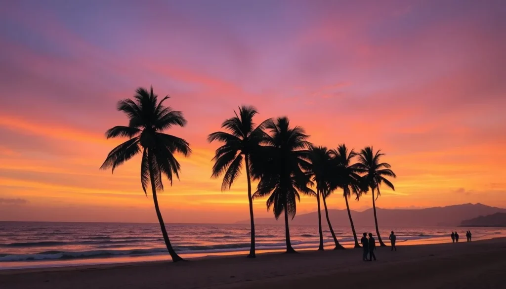 Beautiful sunset at Hikkaduwa Beach with palm trees silhouetted against an orange sky
