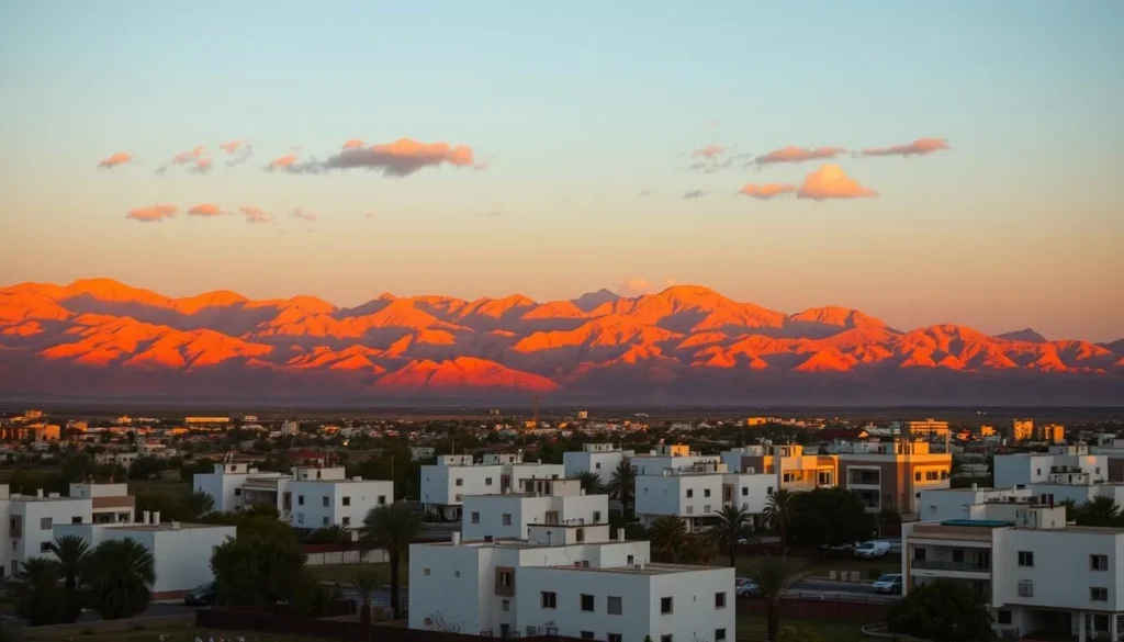 Beautiful sunset over Bawshar's landscape with golden light illuminating the mountains and buildings