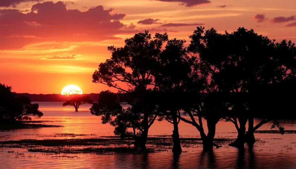 Beautiful sunset over Charlotte Harbor Preserve State Park during the dry season, showing ideal weather conditions for visitors Beautiful sunset over Charlotte Harbor Preserve State Park during the dry season, showing ideal weather conditions for visitors