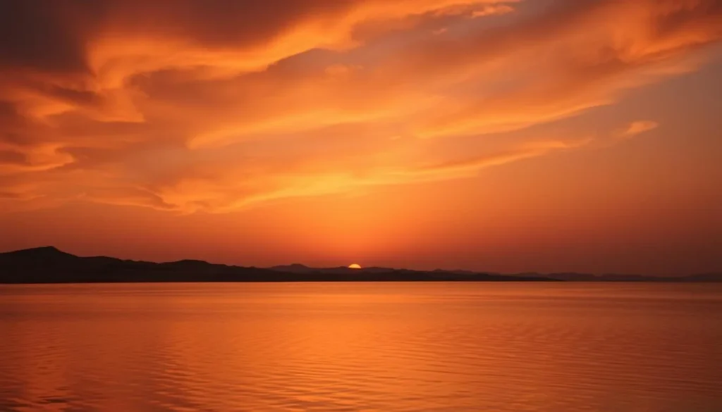 Beautiful sunset over Khor Al Udaid with orange sky reflecting on the inland sea waters