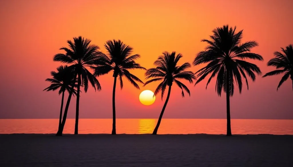 Beautiful sunset over the Red Sea with palm trees silhouetted against an orange sky