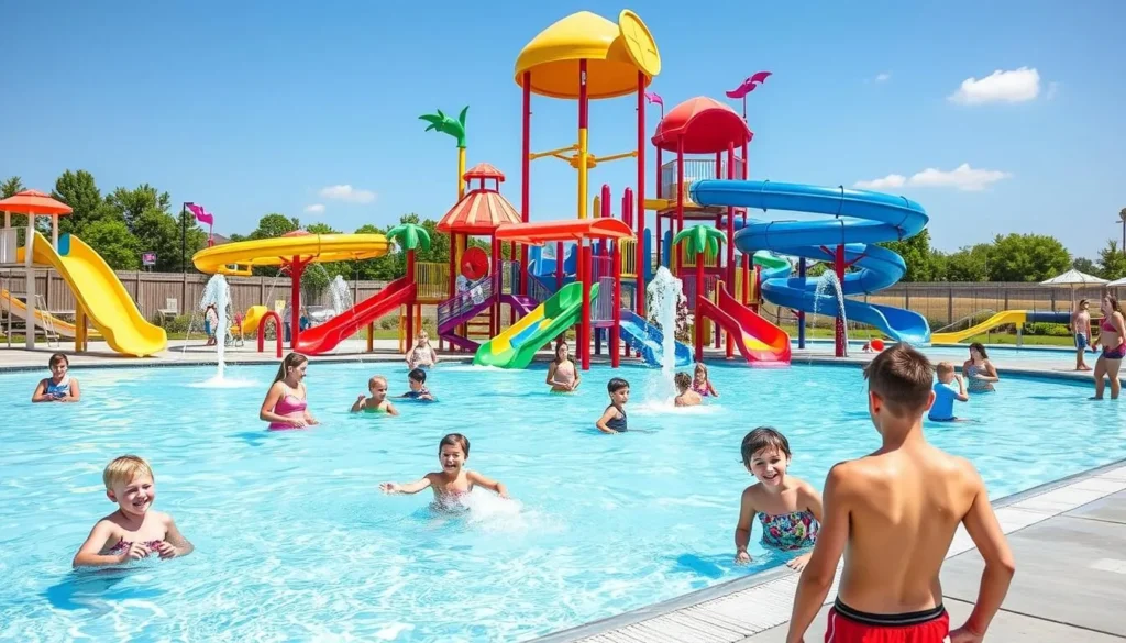 Bedford Splash Aquatics Park with water slides and families enjoying summer fun