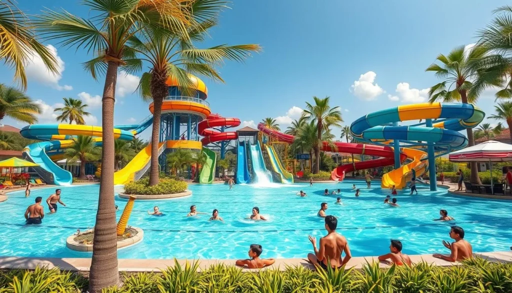 Bekasi Waterboom water park with colorful slides, pools, and visitors enjoying water activities