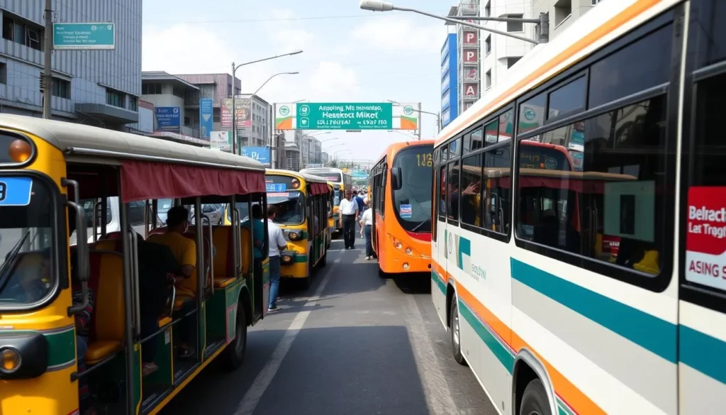 Bekasi public transportation with angkot minibuses and modern city buses on a busy street