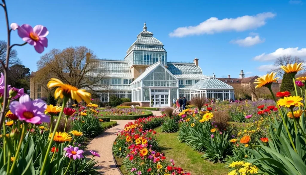 Belfast Botanic Gardens in spring with colorful flowers blooming and the Palm House Victorian glasshouse in the background