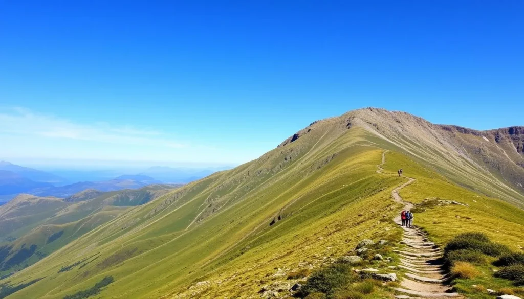 Ben Nevis in summer with clear skies and hikers on the Mountain Track
