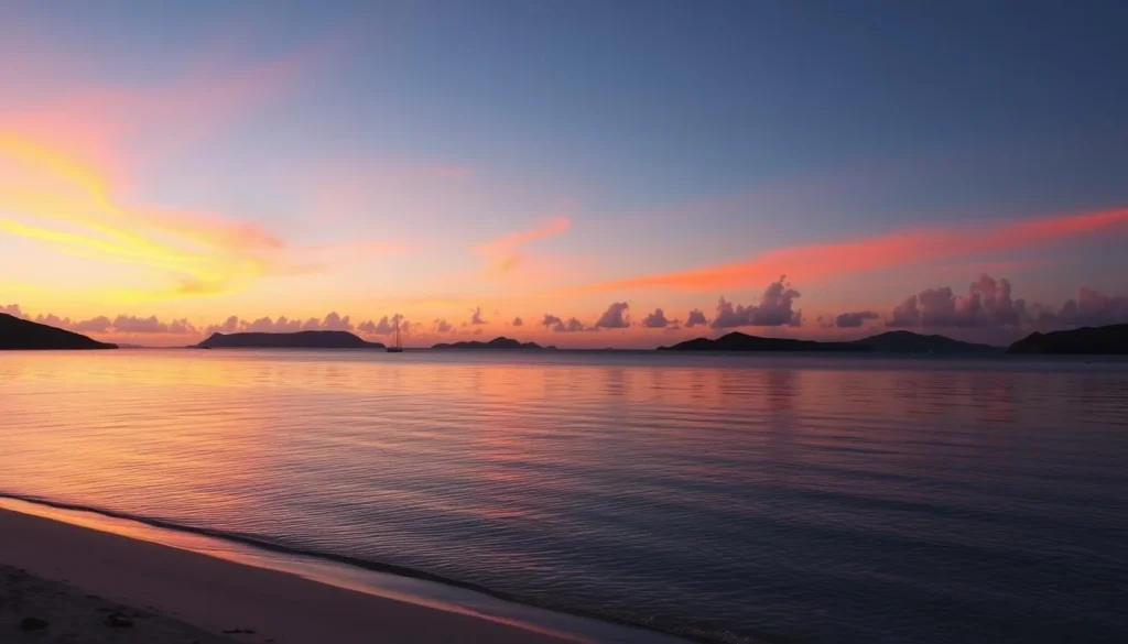 Benures Bay at sunset with calm waters and views of neighboring islands