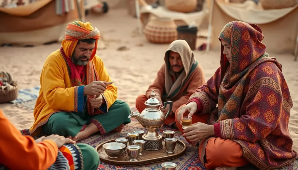 Berber nomads in traditional clothing preparing tea at a desert camp in Iriqui National Park