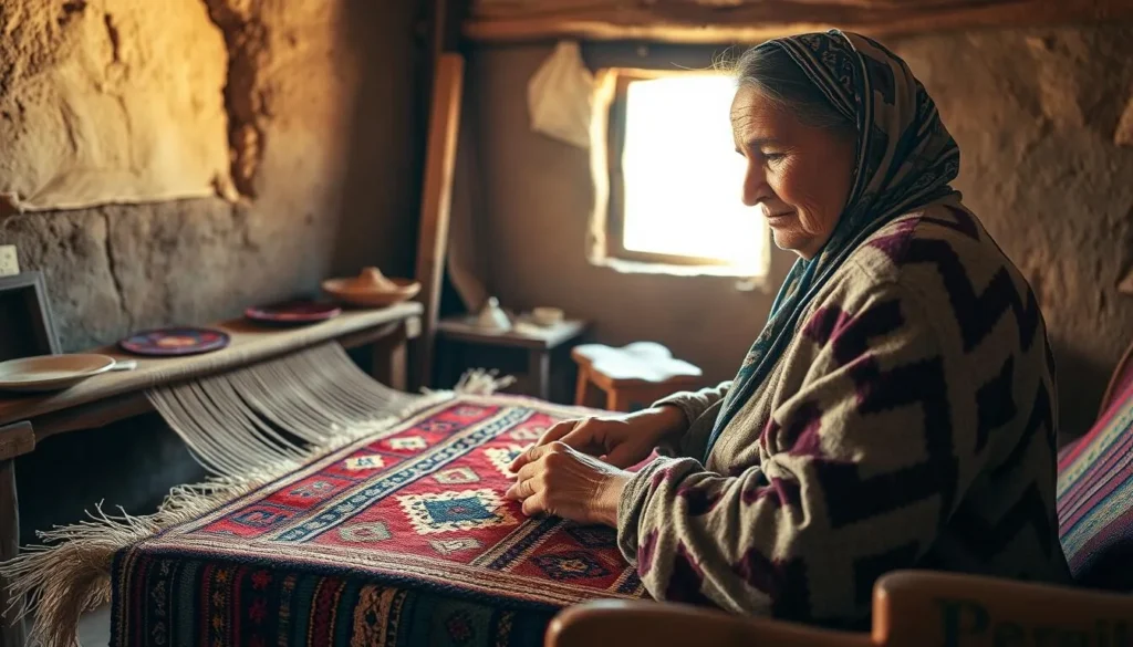 Berber woman weaving a traditional carpet using ancient techniques in a village near the national park