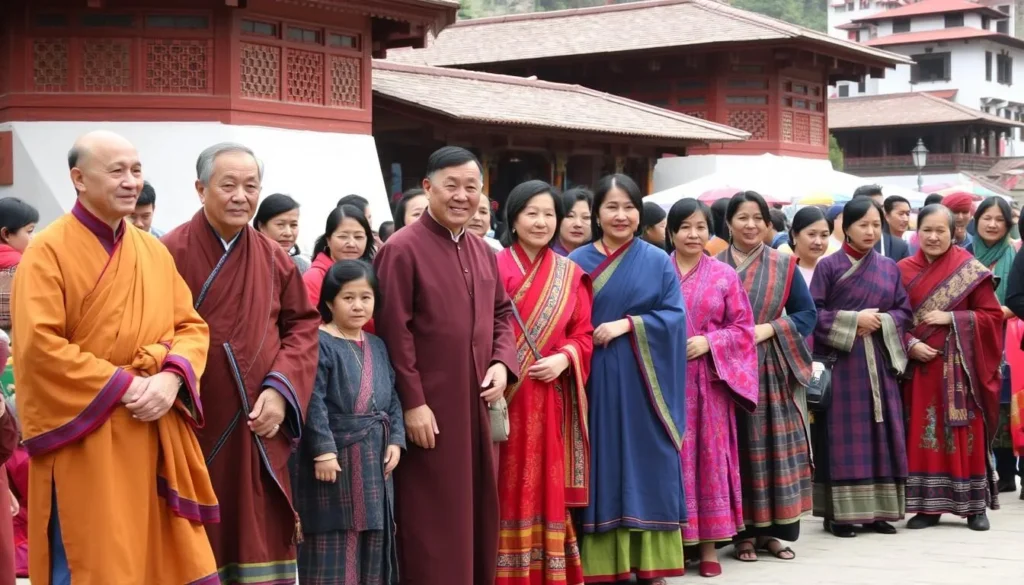 Bhutanese people in traditional dress (gho and kira) at a local festival