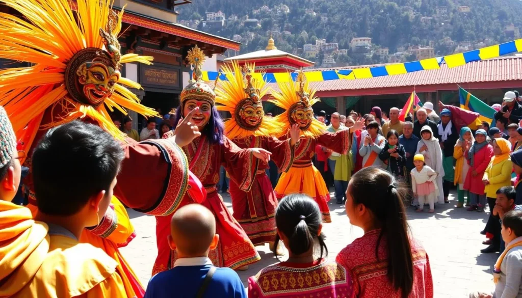 Bhutanese tshechu festival with masked dancers in colorful costumes performing traditional dances