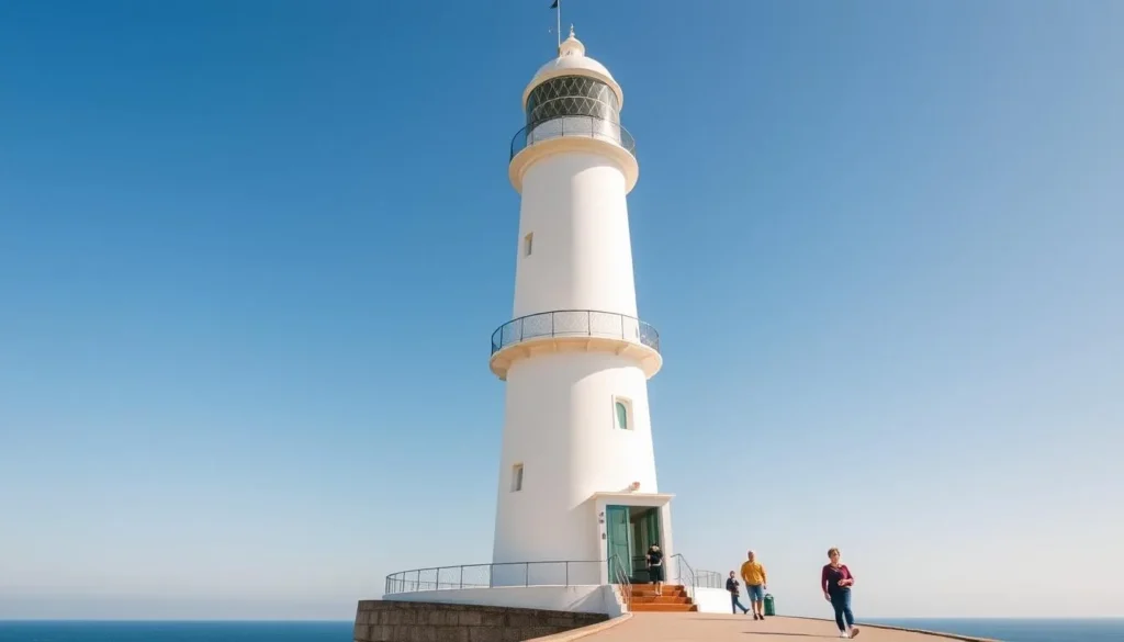 Biarritz lighthouse with people walking along the coastal path on a clear day