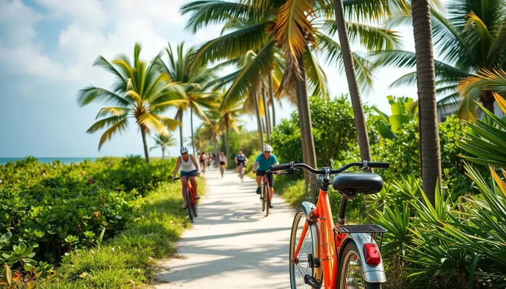 Bicycles parked along a palm-lined path in Tulum with people cycling in the background